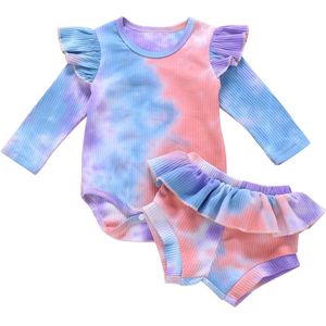 Baby Baby Meisjes Herfst 2 Stuks Set Tie-Dye Uitlopende Lange Mouw Romper + Verstoorde Shorts Outfits Kleding