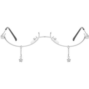 Hip Hop Vrouwen Brilmontuur Mannen Party Brillen Met Ketting Kristal Kleine Half Frame Lensless Bril Brilmontuur