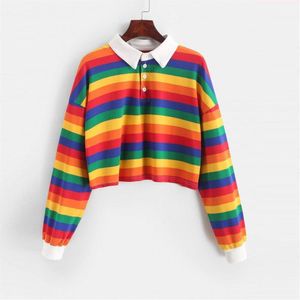 Polo Shirt Vrouwen Sweatshirt Lange Mouw Regenboog Kleur Dames Kraag Knop Gestreepte Koreaanse Stijl Sweatshirt