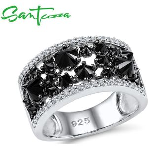 Santuzza Zilveren Ringen Voor Vrouw Zwarte Spinels Steen Ring Aaa Zirconia Ringen Pure 925 Sterling Silver Party Mode-sieraden