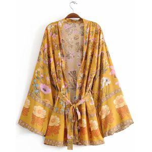 Fitshinling Vintage Herfst Kimono Afdrukken Bloemen Bohemian Flare Mouw Cover-Up Met Sjerpen Slanke Lange Vest Vrouwen