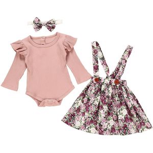 3Pcs Baby Meisje Kleding Sets Roze Romper + Band Jurk + Hoofdbanden Bloemenprint Pasgeboren Kleding Outfit Baby kleding Set