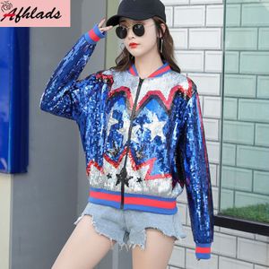 Lente Cartoon Pailletten Patchwork Losse Jas Lange Mouwen Stand Kraag Rits Streetwear Hip Hop Vrouwen Plus Size Bovenkleding