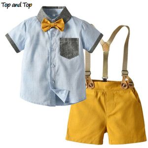 Top En Top Kinderen Jongens Kleding Set Katoen Korte Mouw Overhemd Met Bowtie + Overalls Outfitstoddler Jongens Gentleman Kleding
