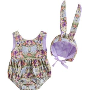 Citgeett Zomer Pasen Baby Baby Meisjes Pak Konijn Print Mouwloze Backless Bodysuit + Hoed Kleding