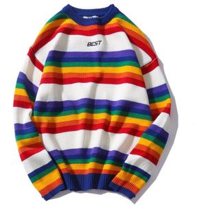 Lisibooo Mode Retro Mannen Trui Ronde Hals Trui Regenboog Gestreepte Paar Trui Mannen En Vrouwen Liefhebbers Losse Tops