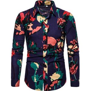 Katoen en linnen Lange mouwen mannen Shirt Slim Casual Lange mouwen Shirt voor Mannen Bloem Blouse Mannen