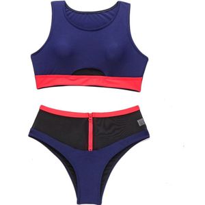 Belleziva Vrouwen Sport Bikini Set Ronde Hals Stiksels Mesh Hoge Taille Rits Split Badpak Tankini Biquini Patchwork Badmode