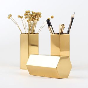 Gouden Bloem Vaas Penhouder Desktop Storage Container Voor Home Office-Hexagon-Luxe Metalen Pen Borstels Houder