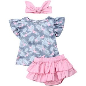 3Pcs Flamingo Print Outfit Baby Meisjes Shirt Top + Ruches Shorts Hoofdband Pasgeboren Outfit Set Kid Kleding