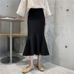 Vintage Gebreide Mermaid Rok Vrouwen Herfst Winter Mode Sexy Bodycon Rok Zwarte Slanke Ruche Dames Rokken Hoge Taille