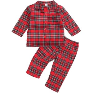 Kinderen Homewear Lange Mouwen Turn-Down Kraag Rode Plaid Knop Top Elastische Taille Lange Broek Lente En herfst Pyjama Sets