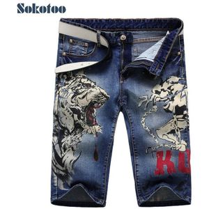 Sokotoo Mannen Mode Tijger En Meisje Print Jeans Mannelijke Knie Lengte Slanke Rechte Stretch Denim Shorts Capri