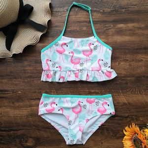 3-12 Jaar Kinderen Badmode Flamingo Print Meisje Badpak Halter Top Meisje Bikini Set Falbala 2 Stuk Kinderen badmode Beachwear