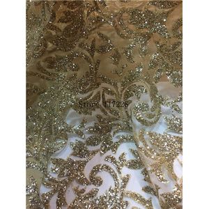 Top selling franse afrikaanse gelijmd glitter volgorde kant stof in goud kleur sequin lace stof voor feestjurk JRB-92552