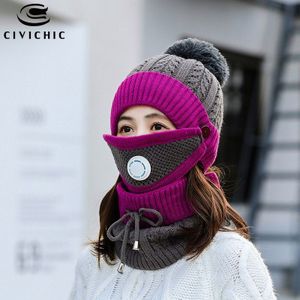 CIVICHIC Mode Vrouw Winter Muts Sjaal Masker 3 Delige Set Dikke Pompon Mutsen Warm Pak Halswarmer Fleece cap SH123