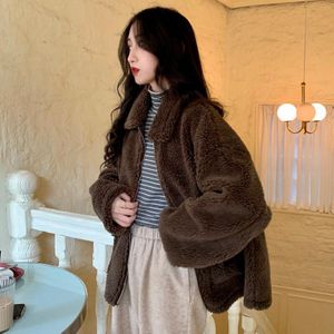 2 kleuren herfst en winter koreaanse stijl turn down kraag effen kleur lam wol warme jassen en jassen vrouwen (C2126)