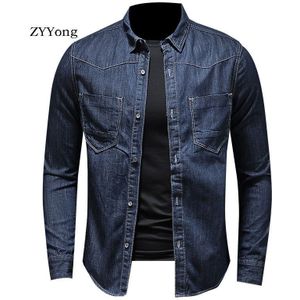 Japanse Stijl Katoen Bomber Pilot Lange Mouw Blauw Dunne Denim Shirt Mannen Jean Jas Streetwear Casual Cowboy Kleding