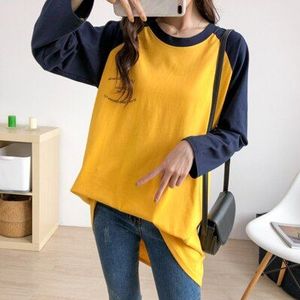 Grote Maat Sweater Contrast Kleur Lange Mouw O-hals Gebreide Katoenen Losse Moederschap Kleding Casual t-shirt 8395