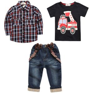 Hooyi Jongens Jeans Set 3 stuks Plaid Shirt Algehele Brandweerwagen T-shirt Jeans Broek Jarretel Kid Kleding Auto Outfit Broek Suits