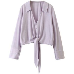 Hsa Vrouwen Mode Bow Tie Casual Chiffon Blouse Shirt Vrouwen Lange Mouwen Chic Blusas Perspectief Paars Chemise Tops