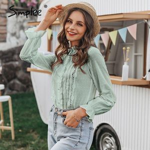 Simplee Vintage Hollow Out Vrouw Office Dames Tops Lente Zomer Chic Witte Blouse Casual Lace Lange Mouwen Korte Tops