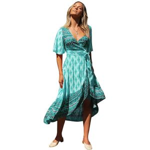 Vrouwen Jurken Zomer Mode Retro Print V-hals Kant Korte Mouwen Poplin Groen Blauw Mid-Kalf Vrouwelijke Katoen Zijde meisjes Jurken