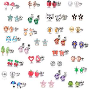 30 Pairs Rvs Gemengde Dieren Hart Ster Lieveheersbeestje Bee Kikker Paddestoel Boom Daisy Paraplu Stud Oorbellen Set Kids