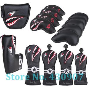 Zwart Pu Leer Met Shark Borduren Golf Club Driver Fairway Wood Hybrid Head Cover Golf #1 #3 #5 Ut Hout Headcover