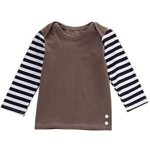 Peuter Kleding Bruin Ronde Kraag T-shirt Met Zwart-wit Gestreepte Lange Mouwen Voor Baby Boy Meisje 3-18 Maanden