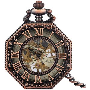 Antique Bronze/Black/Silver/Red Copper Octagon Manual Mechanical Pocket Watch Vintage Roman Numerals Hand Winding Retro Clock