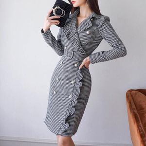 Vintage Double Breasted Plaid Lange Blazer Jurk Dames Kantoor Dragen Jasje Slim Bodycon Houndstooth Midi Jurken Vrouwelijke