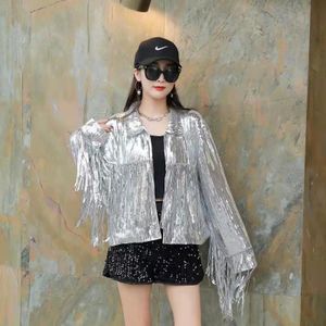 Effen Kleur Streetwear Hip Hop Pailletten Jassen Kwastje Patchwork Jas Ronde Hals Bovenkleding Lange Mouw Vrouwen Losse Jassen