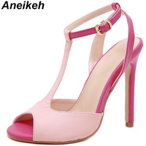 Aneikeh Zoete PU vrouwen Sandalen Dunne Hoge Hak Stiletto Schoen Massief Peep Tenen Gesp Band Kantoor Dans roze Maat 35-42