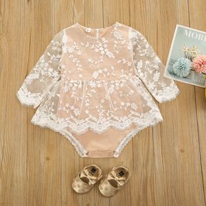 Baby Meisje Mode Lange Mouwen Jumpsuits Verse Effen Kleur Kant Stiksels Rok Driehoek Romper