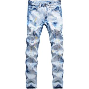 Mannen Geschilderd Lichtblauw Ripped Jeans Tie En Dye Sneeuw Gewassen Slanke Rechte Denim Broek