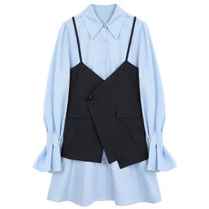 [Eam] Vrouwen Blauw Geplooide Onregelmatige Stitch Shirt Jurk Revers Lange Mouwen Loose Fit Mode Tij Lente Herfst 1Z071