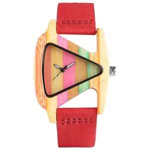 Unieke Kleurrijke Houten Horloge Creatieve Driehoek Vorm Dial Uur Klok Vrouwen Quartz Lederen Armband Horloge vrouwen Pols Reloj Mujer