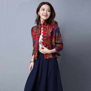 Vrouwen Rode Bloemen Shirt Vintage Blouse Traditionele Chinese Tang Kleding Oosterse Tops Retro Mandarijn Kraag Jas 10436
