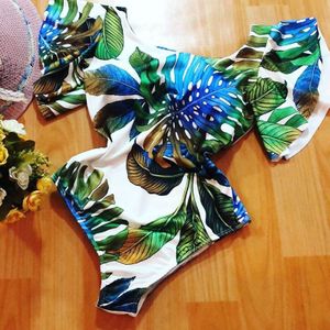 Tropische Stijl Vrouwen Een Stuk Badpak Bloemenprint Badmode Ruche Mouwen Monokini Flounce Bodysuit Badpak Zomer Bain