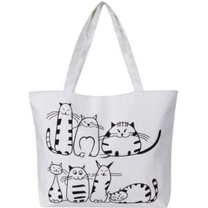 Vrouwen Canvas Boodschappentas Cartoon Kat Gedrukt Schoudertas Vrouwelijke Grote Capaciteit Dames Strandtas Canvas Tote Shopping Handtassen