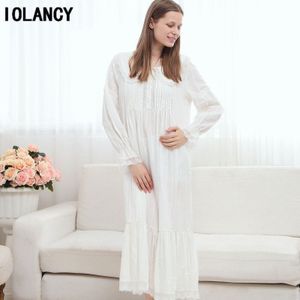 Moederschap Pijama Jurk Europese Paleis Retro Prinses Witte Nachtjapon Lange Mouwen 100% Katoenen Pyjama Voor Zwangere Vrouwen YFQ142