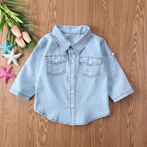 1-6Y Herfst Peuter Kids Baby Meisje Jongen Shirts Tops Kleding Denim Effen Kleur Lange Mouwen Tops Shirt Casual Jas Shirt