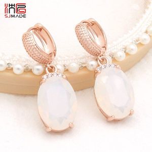 Sjmade Mode Temperament Ovale Grote Roze Opal Dangle Oorbellen 585 Rose Gold Zirconia Eardrop Voor Vrouwen Bruiloft Sieraden