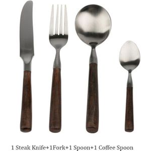 Retro Houten Handvat Diner Mes Vork En Lepel 304 Roestvrij Staal Steak Mes Fruit Vork Koffie Thee Lepel Bestek Set
