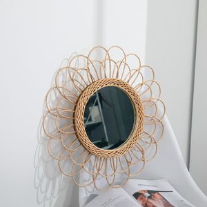Nieuw Opknoping Spiegel Rotan Zonnebloem Ronde Muur Spiegel Boho Rieten Dressing Make Spiegels Innovatieve Art Deco Ronde Spiegel