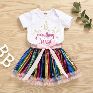 2 Stuks Pasgeboren Baby Meisje Kleding Eenhoorn Brief Korte Mouw Romper Jumpsuit + Raibow Tutu Rok Outfit Set