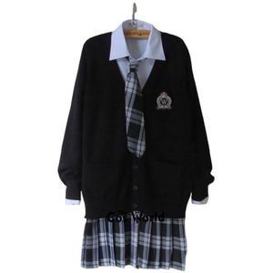 Preppy Stijl Student Class Uniform Japan JK High School Uniform Winter Zwart V-hals Vest Zwart Wit Geplooide Rok Past