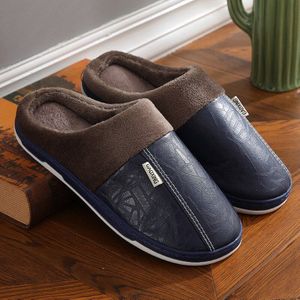Winter Vrouwen Slippers Indoor Waterdicht Warm Slippers Thuis Bont Paar Schoenen Platte Dames Pu Leer Mannen Slipper Katoen Schoenen