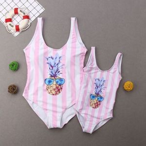 Familie Bijpassende Badmode Moeder Dochter Badmode Gestreepte Ananas Print Een Stuk Badpak Badpak Vrouwen Bikini